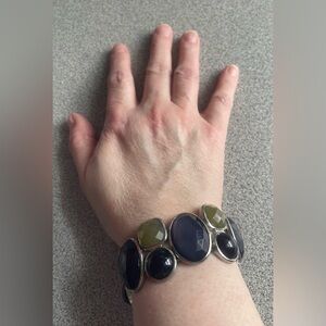 Silver Toned Blue & Green Faux Gems Stretch Bracelet